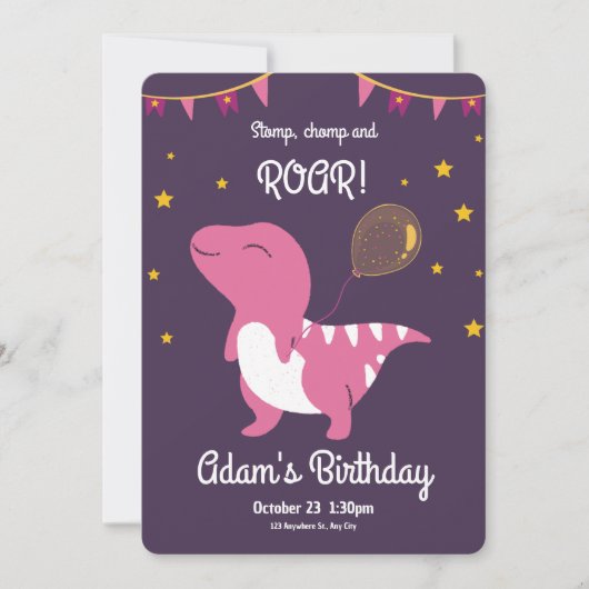 Paarse en roze dinosauruspartij uitnodiging (Voorkant)