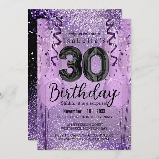 Paarse en Roze Glitter 30th Birthday Invitation Kaart (Voorkant / Achterkant)
