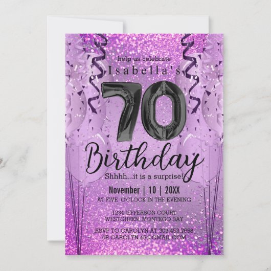 Paarse en Roze Glitter 70th Birthday Invitation Kaart (Voorkant)