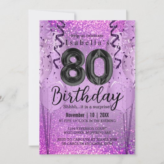 Paarse en Roze Glitter 80th Birthday Invitation Kaart (Voorkant)