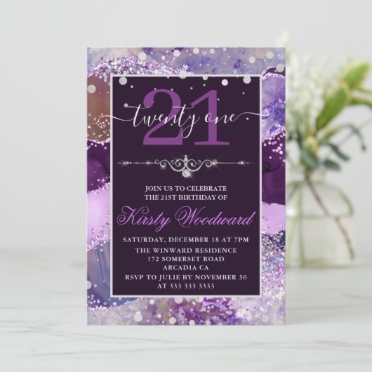 Paarse en roze Glitter Agate Birthday Uitnodiging (Staand voorkant)