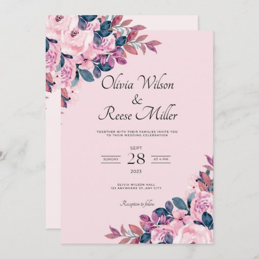 Paarse en Roze klassieker bruiloft uitnodiging (Voorkant / Achterkant)