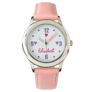 Paarse en roze met harten en naam horloge