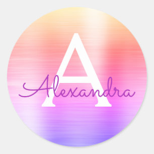 Paarse en roze metalen monogram ronde sticker