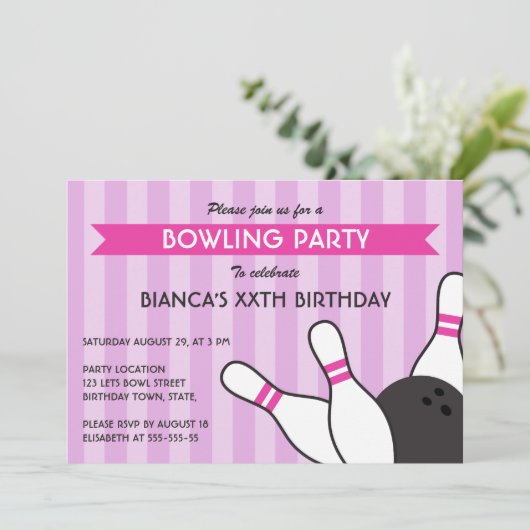 Paarse en roze moderne bowlingpartij kaart (Staand voorkant)