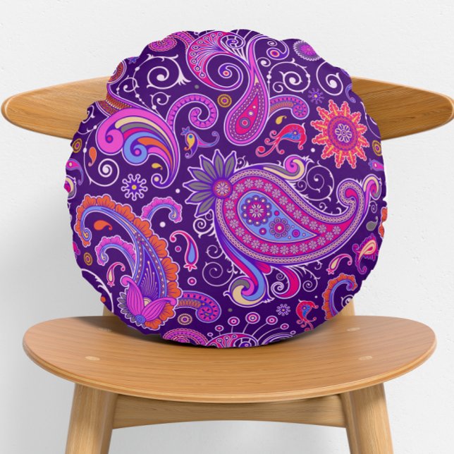 Paarse en Roze Paisley Groovy Rond Kussen (Creator heeft geüpload)