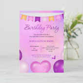 paarse en roze pastel verjaardagsfeestuitnodiging kaart (Staand voorkant)