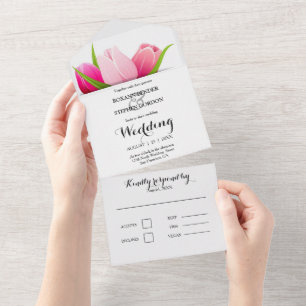 Paarse en roze tulpen bruiloft all in one uitnodiging