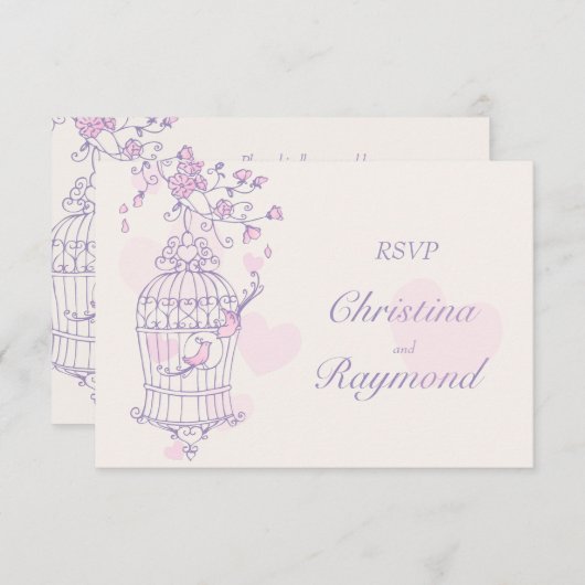 Paarse en roze vogels open kooibruiloft RSVP (Voorkant / Achterkant)