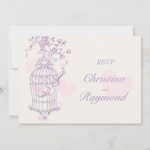 Paarse en roze vogels openen trouw-RSVP Kaart