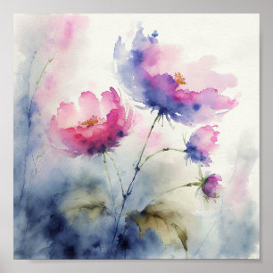 Paarse en roze waterverf bloemen kunst poster