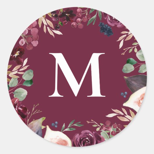 Paarse en roze waterverf bloeminitiaal ronde sticker (Voorkant)