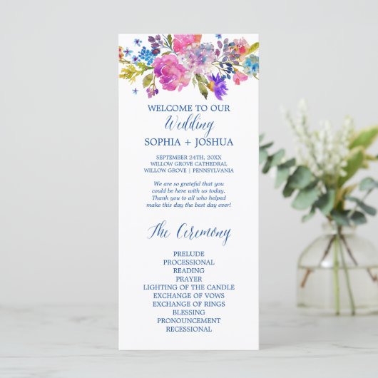 Paarse en roze Waterverf Flowers Wedding Programme Programma (Staand voorkant)