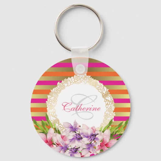 Paarse en roze Waterverf Magnolia Persoonlijk Sleutelhanger (Voorkant)