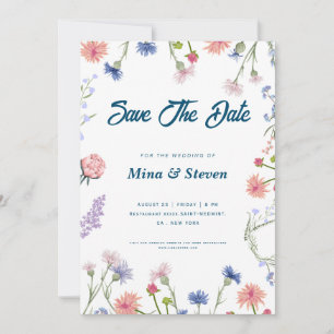 Paarse en roze wilde bloemen omlijsten Huwelijk Save The Date