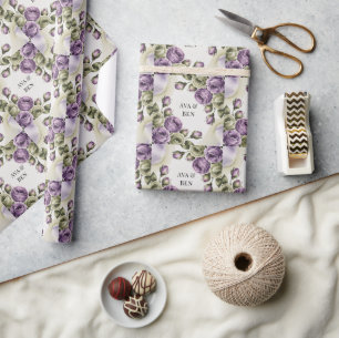 Paarse en saliegroene rozen waterverf bruiloft cadeaupapier