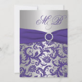 Paarse en Silver Damask Monogrammed Invitation Kaart (Voorkant)