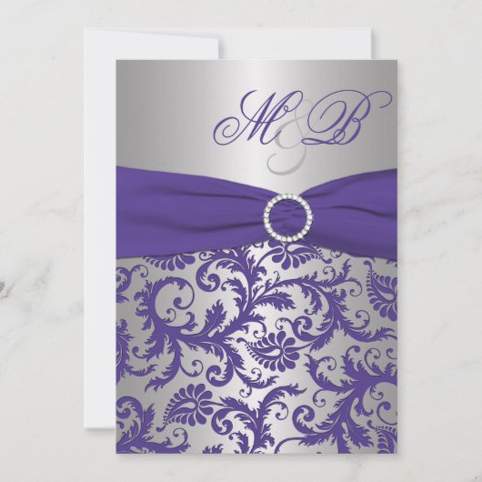 Paarse en Silver Damask Monogrammed Invitation Kaart (Voorkant)