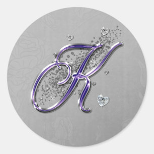 Paarse en Silver Glitter Fancy Script Monogram K Ronde Sticker