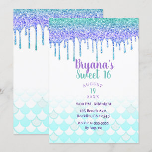 Paarse en turquoise aqua glittersluier zeemeermin kaart