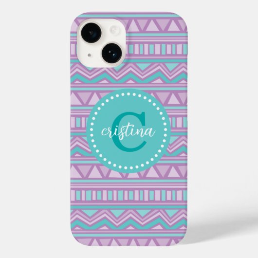 Paarse en Turquoise Aztec Chevron Custom Monogram Case-Mate iPhone Case (Achterkant)