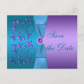 Paarse en Turquoise Bloemen Bewaar de Datum Aankondigingskaart (Voorkant)