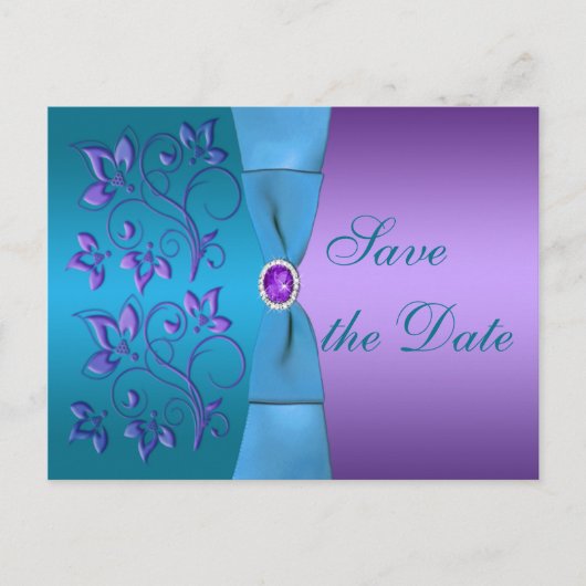 Paarse en Turquoise Bloemen Bewaar de Datum Aankondigingskaart (Voorkant)