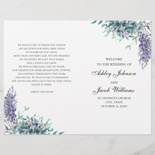 Paarse en turquoise bloemen. Huwelijksprogramma ge (Voorkant)