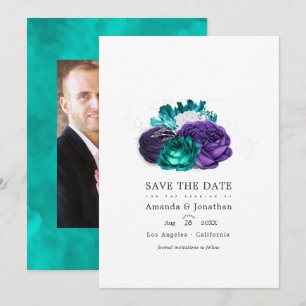 Paarse en Turquoise Bloemige Trouwfoto Save The Date