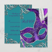 Paarse en Turquoise Blue Masquerade Party RSVP (Voorkant / Achterkant)