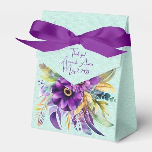 Paarse en Turquoise Waterverf Bloemen Bruiloft Bedankdoosjes (Voorkant Zijde)