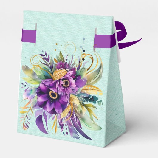 Paarse en Turquoise Waterverf Bloemen Bruiloft Bedankdoosjes (Achterkant)