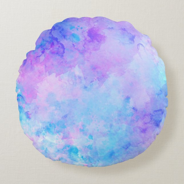 Paarse en Turquoise Waterverf Splashes Rond Kussen (Voorkant)