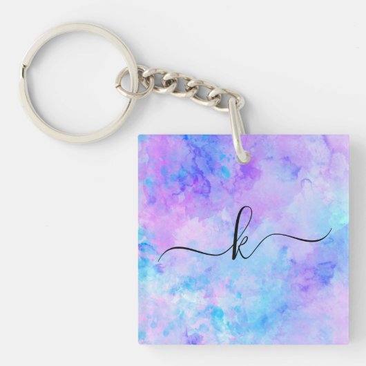 Paarse en Turquoise Waterverf Splashes Sleutelhanger (Voorkant)