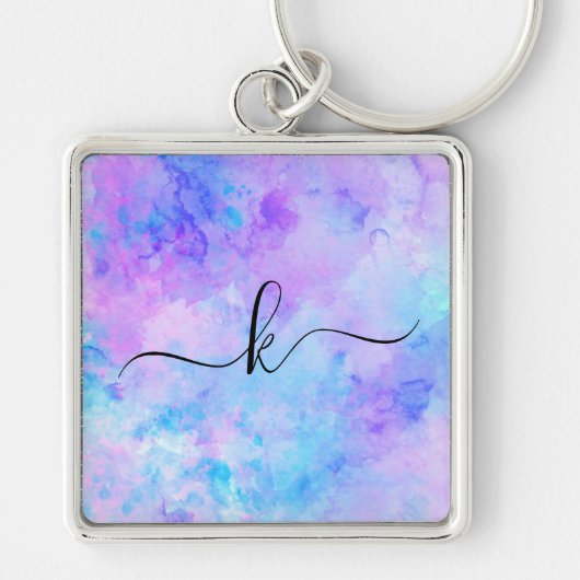 Paarse en Turquoise Waterverf Splashes Sleutelhanger (Voorkant)