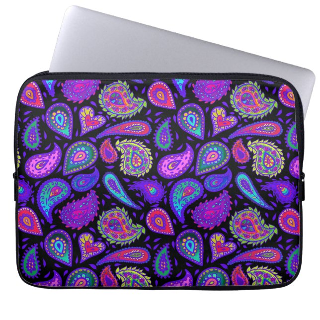 Paarse en veelkleurige Paisley op Black Beautiful Laptop Sleeve (Voorkant)