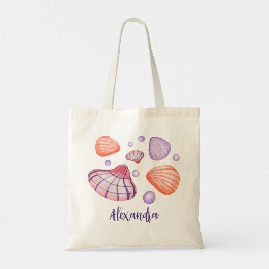 Paarse en violette Waterverf schelpen met naam Tote Bag (Achterkant)