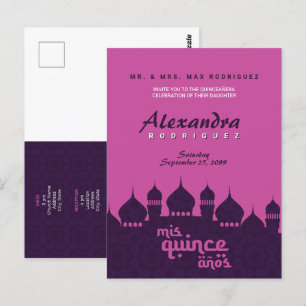 Paarse en warme roze Arabische nacht Quinceañera Briefkaart