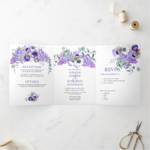 Paarse en witte anemonen, Paarse Lilacs Floral Drieluik Uitnodiging