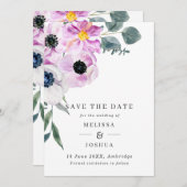 Paarse en witte annemonen QR Code Weddenschap Save The Date (Voorkant / Achterkant)