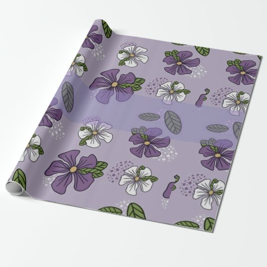 paarse en witte bloem ontwerp cadeaupapier (Uitgerold)