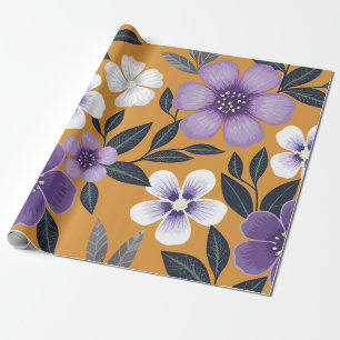 Paarse en witte bloemen op een mosterd achtergrond cadeaupapier