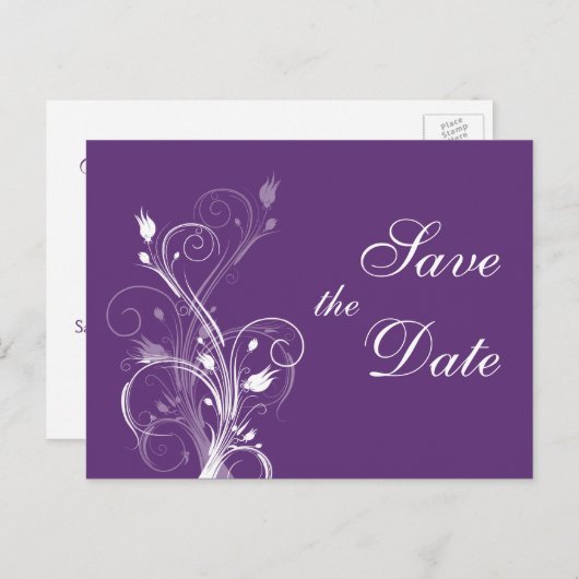 Paarse en witte bloemen opslaan de datum post Kaar Aankondigingskaart (Voorkant / Achterkant)