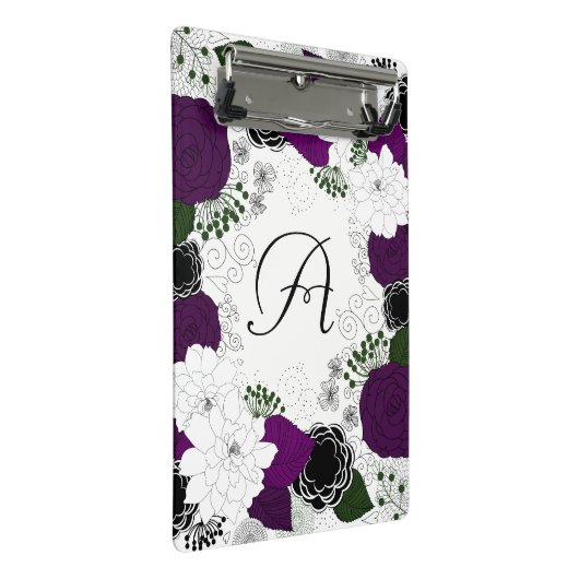 Paarse en witte bloemenkrans monogram mini klembord (Schuin)