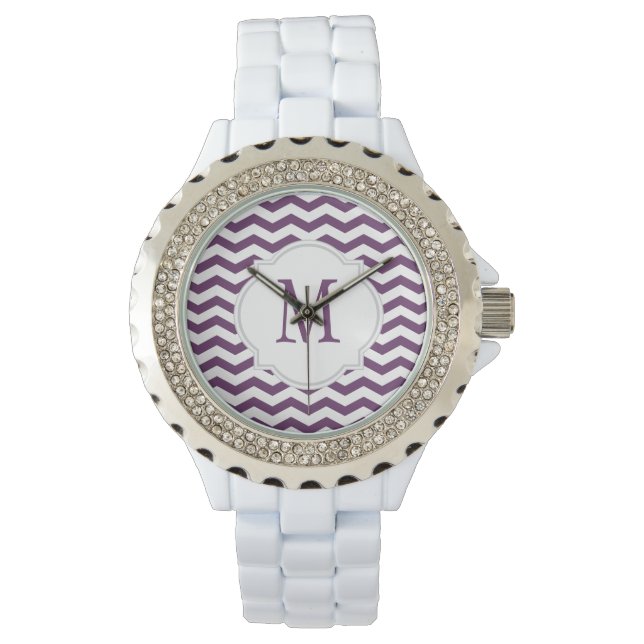 Paarse en witte Chevron Pattern Horloge (Voorkant)
