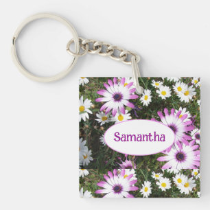 Paarse en Witte Daisy Floral naam Sleutelhanger