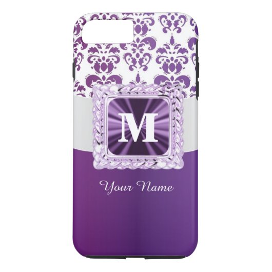 Paarse en witte damast monogram Case-Mate iPhone case (Achterkant)