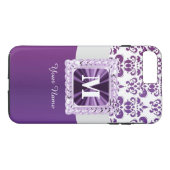 Paarse en witte damast monogram Case-Mate iPhone case (Achterkant (Horizontaal))