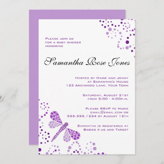 Paarse en witte dragonfly Elegant Baby shower Kaart (Voorkant / Achterkant)