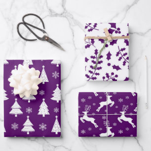Paarse en Witte Feestelijke Kerstpatronen Inpakpapier Vel